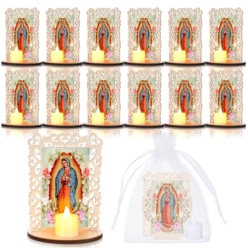 Bucherry 12 Pcs Our Lady of Guadalupe Wooden Statues with Flameless LED Tea Candle Virgen De Guadalupe Picture Frames Baptism Favors First Communion Party Favors Catholic Recuerdos De Bautizo Decor