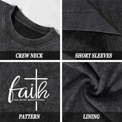 Christian Shirts for Women Faith Can Move Mountains Acid Wash Shirt Jesus Religious Bible Verse Long Sleeve Top - color: Black, size: Small