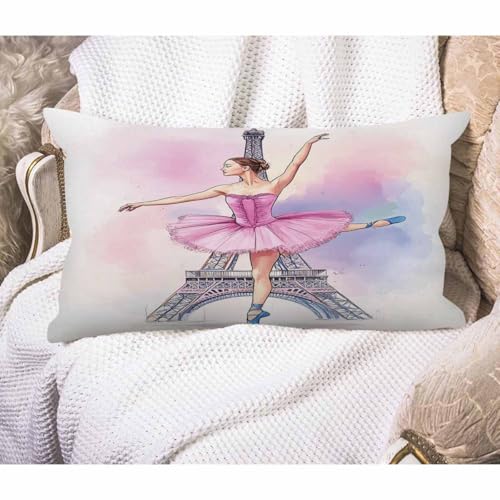 EKOBLA Eiffel Tower Accent Throw Pillow Covers Paris Beautiful Ballerina Girl Dancer Posing Oblong Rectangle Throw Pillow Cases for Sofa Bed Couch Cotton Linen 12x20 Inches - color: Multi-bs19