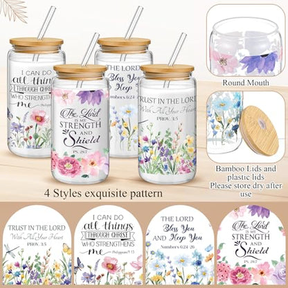 Mumufy 4 Pack Bible Verse Glass Cup, 16 oz Tumbler Mug with Bamboo Lid - style: Bible Verse