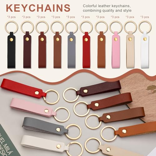 30 Pcs Leather Keychain Kit, PU Leather Key Fob, Key Chains Kit - color: 10colors, 30pcs