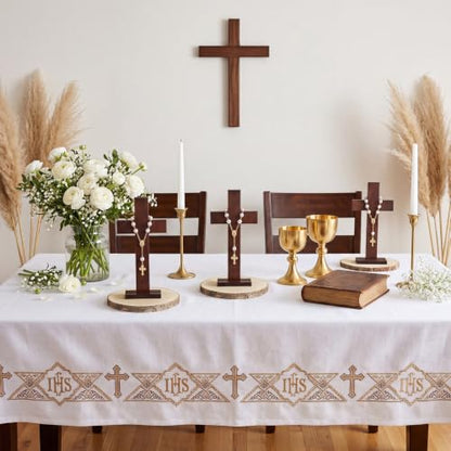 Novabright 6 Sets Baptism Centerpieces Table Decorations First Communion Wooden Cross Ornament Set with Mini Rosary Beaded Wood Slices for Baptism Celebration Church Ceremony Party Decor Gift