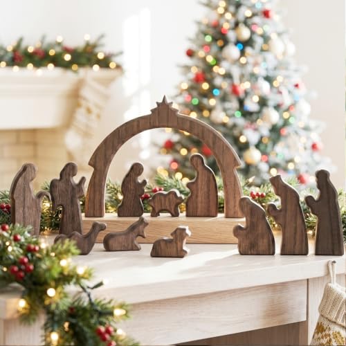 FESTGLOX Christmas Nativity Set Indoor, 12Pcs Wooden Nativity Scene Set - color: Nativity-12 Pieces