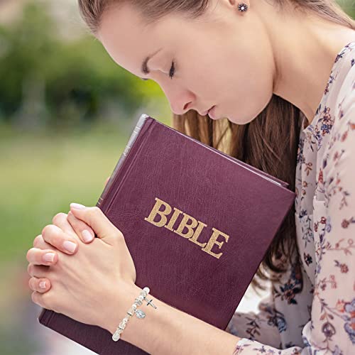 Taiyin Rosary Bracelet Bulk with Mesh Bags, White Religious Rosary Bead Bracelet Catholic Bracelets, Baptism First Communion Gifts for Women - color: Silver