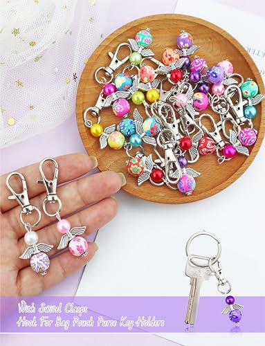 20 Pcs Angel Pearl Beads Pendant Keychain, Angel Fairy Mixed Stone Dangle Charms with Swivel Clasps Hook for Bag Pouch Purse Key Holders