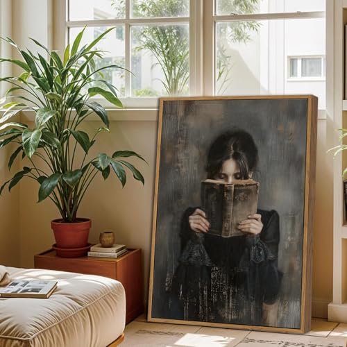 Dark Academia Lady Reading Framed Canvas Wall Art 16x24 inch - color: Black dress, size: 16"x24" Natural