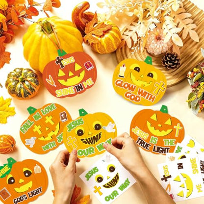 32 Pcs Pumpkin Halloween Fall Crafts for Kids DIY Jesus Cross Hanging Ornaments Decorations Pumpkin Stickers Kit with Ribbons for Thanksgiving Religious Christian Party Favors Sunday School Activities