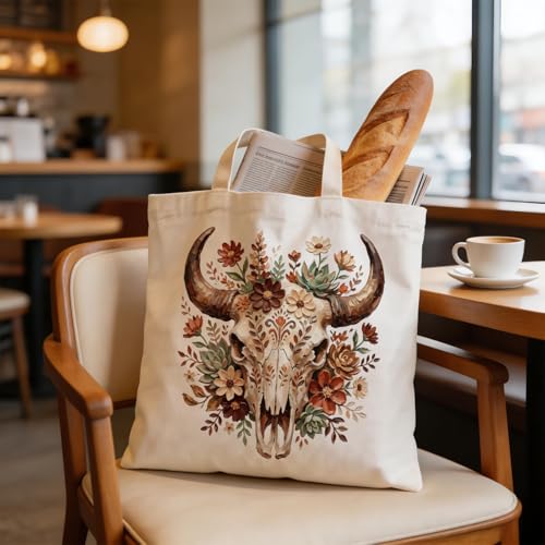 Western Canvas Tote Bag, Western Gift for Women - color: Cow Skull