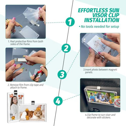 2Pcs Car Picture Holder for Sun Visor,Clear Acrylic & Strong Magnetic Car Visor Photo Clip with Safe Driving &Guardian Icons Stickers, Cute Car Accessories,Gift for Family & Friends (2.4x3.5) - size: 2.4x3.5