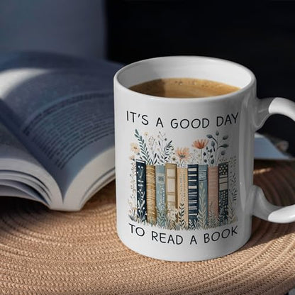 Gifts for Books Lovers Women - It’s A Good Day To Read A Book Mug, Book Lover Mugs, Books Coffee Cup with Stacked Novel Design, Bookworm Mugs for Readers - color: Book