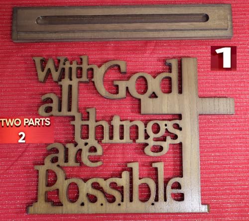 With God All Things Are Possible Wood Plaque – Matthew 19:26 Bible Verse Sign with Stand – Laser-Cut Scripture Cross Decor – 14×11 Inch MDF Walnut Finish – Christian Tabletop Desk Shelf Display Gift