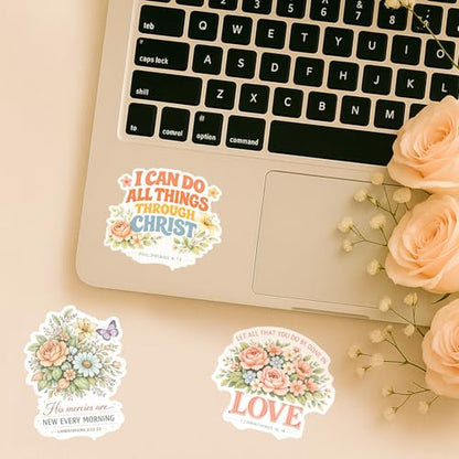 (3 Pcs) Christian Stickers - Waterproof Vinyl Christian Sticker Pack - color: Floral Bible Verse