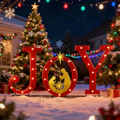 Hausse Lighted Christmas Decorations Outdoor, 15" Joy Letter Nativity Scenes Sets, Xmas Metal Religious Yard Decor with Stake, Battery Powered for Home Winter New Year Holiday Garden Patio Lawn