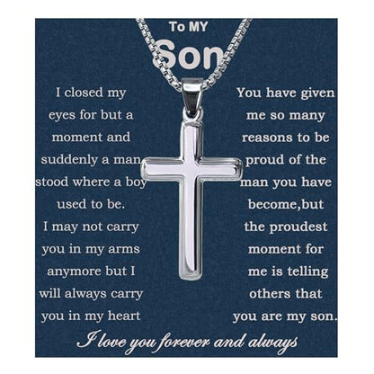 MGOOL Son Gifts From Mom To My Son Necklace From Dad Faith Cross Necklace Present Graduation Birthday Gifts Message Card＆LED Gift Box - color: SN928-Silver Led Box
