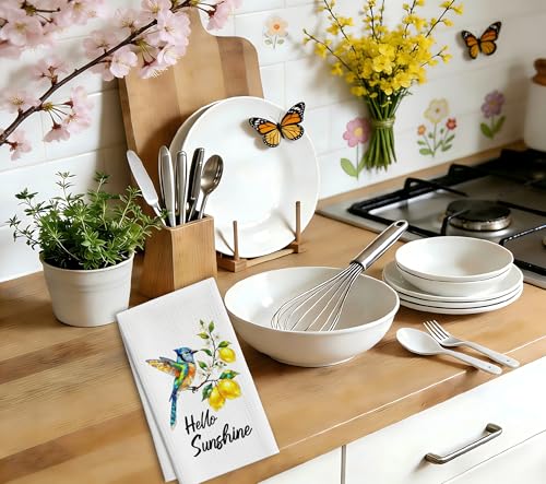 Lemon Kitchen Towels, Hello Sunshine Lemon Bird Floral Dish Towels, 14 - color: Blue Bird