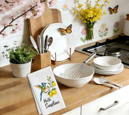 Lemon Kitchen Towels, Hello Sunshine Lemon Bird Floral Dish Towels, 14 - color: Blue Bird