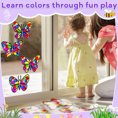 Lonfliness 32 Sets Butterfly Suncatcher Craft Kit DIY VBS Window Stain Glass Effect Paper Butterfly Sunday School Classroom Decors Spring Easter Art Craft Creative Activity Project Kid Gift Favor - style: Butterfly