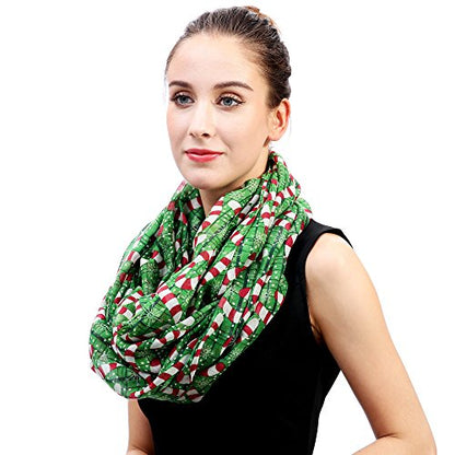 Lina & Lily Holiday Christmas Pattern Print Women's Infinity Scarf Lightweight - color: Green Red White, Candy Cane
