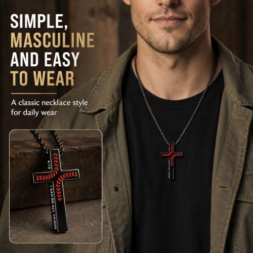 Black Baseball Cross Necklace for Men, Philippians 4:13 Bible Verse