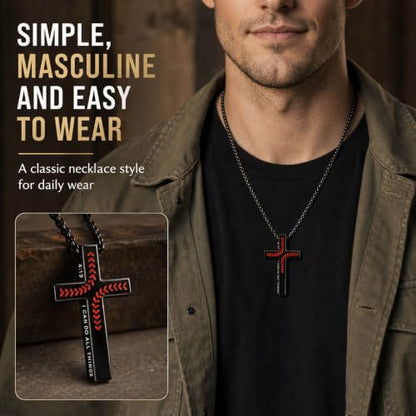 Black Baseball Cross Necklace for Men, Philippians 4:13 Bible Verse