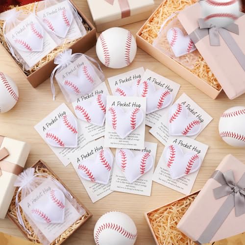 Hollowfly 12 Set Baseball Pocket Hug Heart Shape Stitching Pocket Hug with Inspirational Cards and Organza Bags Encouragement Gifts for Baseball Players Athletes Teams Sports Lovers Coaches Graduation - style: Baseball Heart