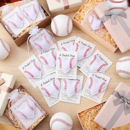 Hollowfly 12 Set Baseball Pocket Hug Heart Shape Stitching Pocket Hug with Inspirational Cards and Organza Bags Encouragement Gifts for Baseball Players Athletes Teams Sports Lovers Coaches Graduation - style: Baseball Heart