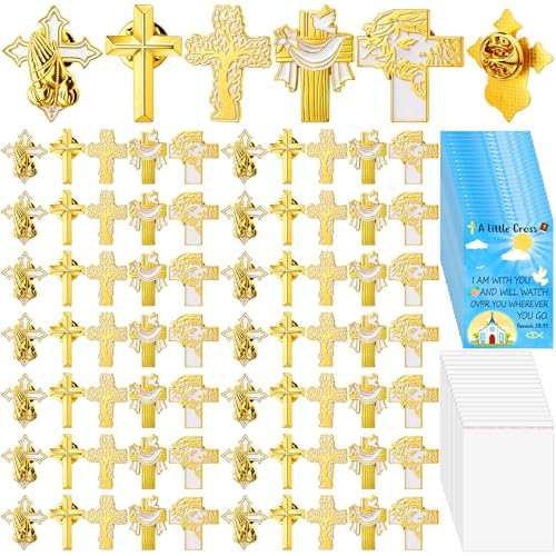 Suncalla 50 Set Christian Cross Pins Bulk with Bible Verse Cards and Bags, Gold Religious Enamel Lapel Brooch Badges for Women Men Church Visitor Gifts Sunday School Prizes Easter Favors