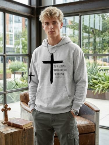 Christian Sweatshirts for Men Faith Christ Cross Pullover Hoodie - color: Grey, size: Small