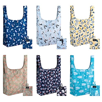 Masirs Reusable Grocery Bags 6 Pack Foldable, Washable Large Shopping Totes - color: Animal Pattern