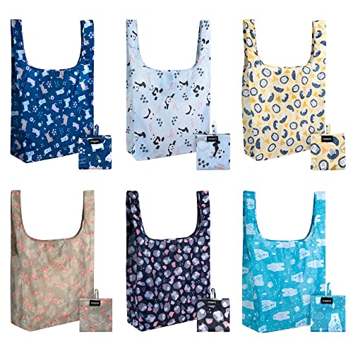 Masirs Reusable Grocery Bags 6 Pack Foldable, Washable Large Shopping Totes - color: Animal Pattern
