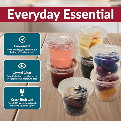 Reli. 1 oz Condiment Containers with Lids (100 sets) | Ideal for Sauce, Souffle, Samples, Jello Shot Cups | Disposable, BPA-Free Plastic | Small Containers 1oz, Bulk