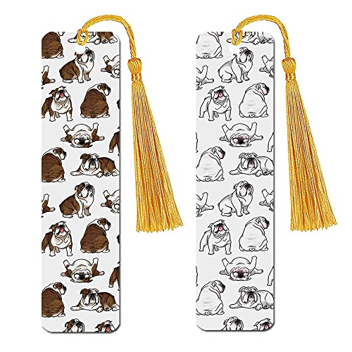 WIRESTER Set of 2 Metal Bookmarks with Light Gold Tassel for Students, Reader, Teachers, Book Lovers - Brindle Brown English Bulldog Playful Postures, White English Bulldog Funny Playful Postures - color: Brown, White English Bulldog Playful Postures