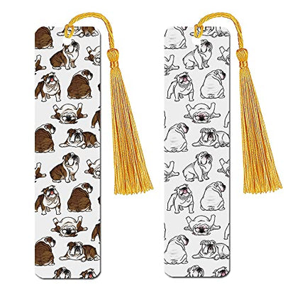 WIRESTER Set of 2 Metal Bookmarks with Light Gold Tassel for Students, Reader, Teachers, Book Lovers - Brindle Brown English Bulldog Playful Postures, White English Bulldog Funny Playful Postures - color: Brown, White English Bulldog Playful Postures