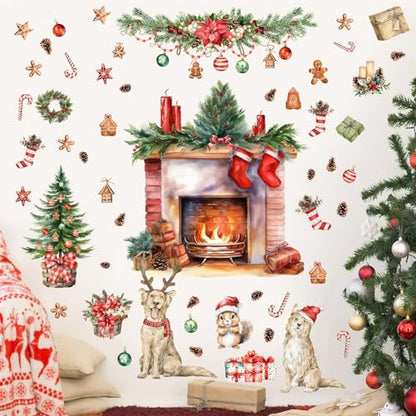 Merry Christmas Wall Stickers Xmas Pine Tree Fireplace Art Decal Decoration - color: Red