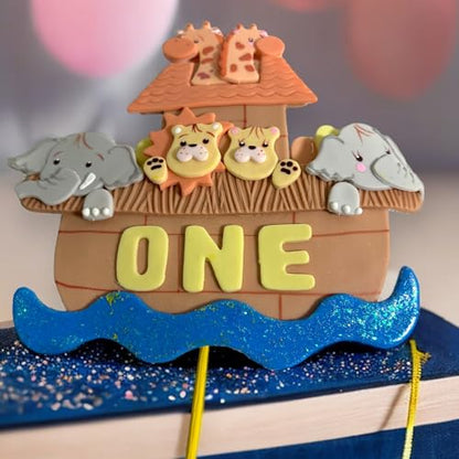 Noah's Ark Cake Toppers Set, Birthday Party, Baby Shower decoration, Animal theme party, Handmade, cute baby decor (Centerpiece "ONE" + 3D)