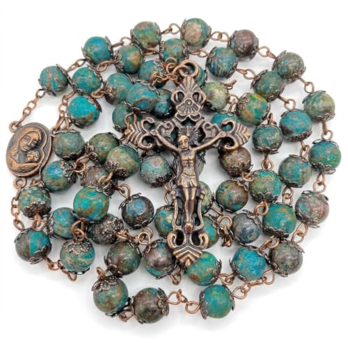 Nazareth Store Vintage Design Rosary Natural Jasper Stone Beads Necklace Holy Soil Medal & Cross Crucifix Religious Rosaries Terra Santa Jerusalem Collection