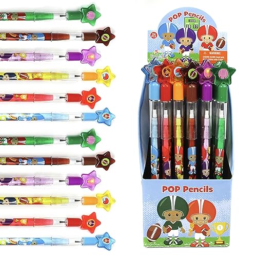 TINYMILLS 24 Pcs Football Stackable Push Pencil Assortment with Eraser for Party Favors Goodie Bag Stuffers VBS Classroom Rewards Pinata Fillers Carnival Prize Sports Football Team Party
