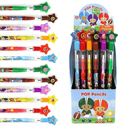 TINYMILLS 24 Pcs Football Stackable Push Pencil Assortment with Eraser for Party Favors Goodie Bag Stuffers VBS Classroom Rewards Pinata Fillers Carnival Prize Sports Football Team Party