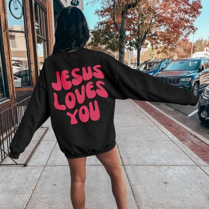 Christian Sweatshirts Women Jesus Loves You Sweatshirt Faith God Shirts Religious Hoodie Oversized Crewneck Pullover - color: Black, size: X-Large