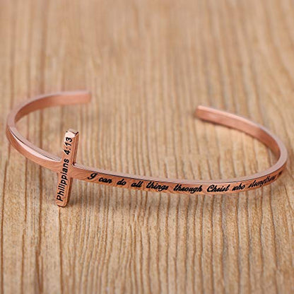 Memgift 𝐂𝐫𝐨𝐬𝐬 𝐁𝐫𝐚𝐜𝐞𝐥𝐞𝐭 Religious Cuff Bangle 𝐁𝐢𝐛𝐥𝐞 𝐕𝐞𝐫𝐬𝐞 Christian Gifts Jewelry for 𝐖𝐨𝐦𝐞𝐧 - style: Rose gold-I can do all things through Christ who strengthens me -Philippians 4:13