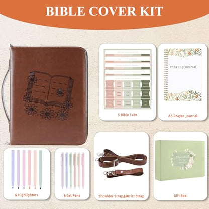 AKONEGE Bible Cover with Handle & Shoulder Strap for Women Girls, Brown - color: Brown