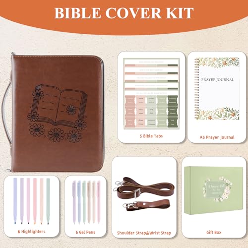AKONEGE Bible Cover with Handle & Shoulder Strap for Women Girls, Brown - color: Brown