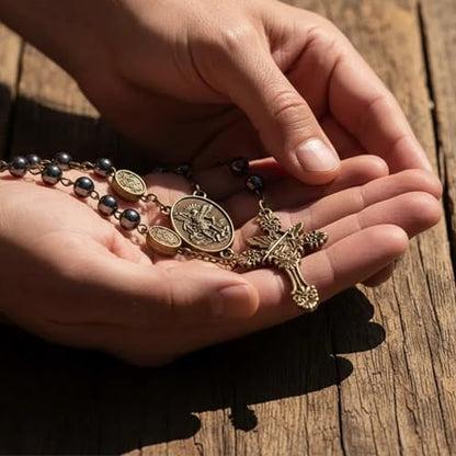 Nazareth Store St Michael Rosary Hematite Stone Beads Necklace Metal Beaded Glory Beads Archangel Medal & Cross with Metal Gift Box - color: Bronze | St.Michael Cross