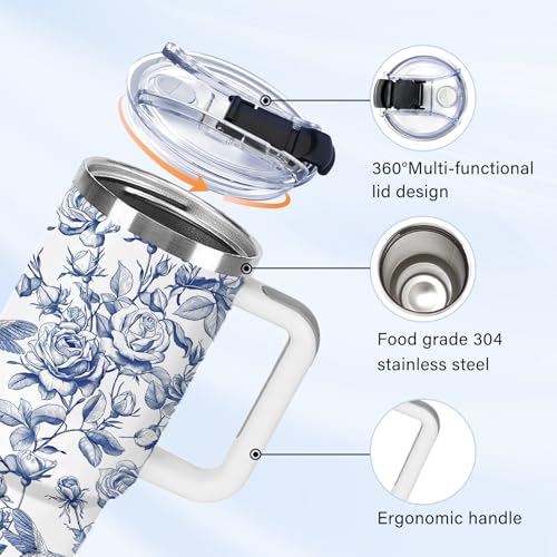 Christian Gifts for Women 40oz Tumbler - Insulated Travel Mug with Handle (Blue Floral1, 40 Ounces) - color: Blue Floral1