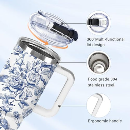Christian Gifts for Women 40oz Tumbler - Insulated Travel Mug with Handle (Blue Floral1, 40 Ounces) - color: Blue Floral1