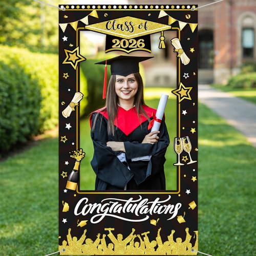 WovWeave Class of 2026 Graduation Photo Booth Props Frame 71x39 Inch - Black and Gold Graduation Decorations Backdrop Large Congratulations Banner for High School College Party Selfie Background - style: Black Gold Grad