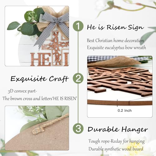 TOARTi He is Risen Easter Front Door Sign Wreath (11.4"x11.4"), Rustic Christian Cross Wall Sign Hanging Plaque, Farmhouse Religious Home Wooden Door Decoration for Housewarming Easter Gift