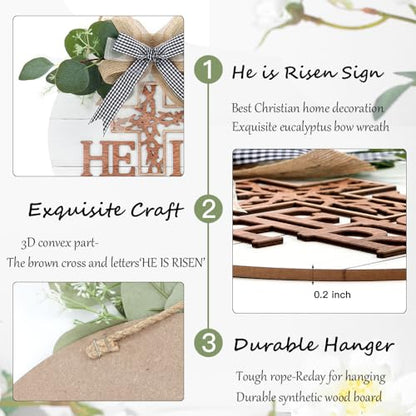 TOARTi He is Risen Easter Front Door Sign Wreath (11.4"x11.4"), Rustic Christian Cross Wall Sign Hanging Plaque, Farmhouse Religious Home Wooden Door Decoration for Housewarming Easter Gift