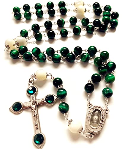 elegantmedical HANDMADE GREEN TIGER EYE BEADS CATHOLIC ROSARY CRUCIFIX NECKLACE Lourdes water Medal