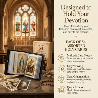 Catholic Faux Leather Holy Prayer Card Holder–pocket Organizer with 54 Cards Snap Closure for Mass Funeral Daily & Religious and Memorial Use Gifts Carrying Each Case Bag Closet Essentials